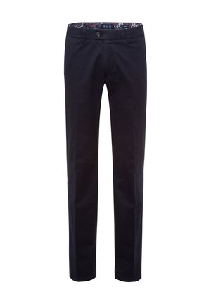 Pantaloni dritti blu scuro con chiusura a bottone e cintura interna a motivo floreale.