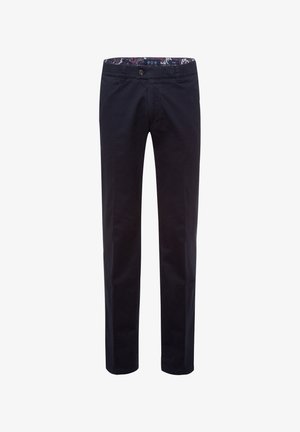 Pantalons droits bleu marine foncé avec fermeture à bouton et ceinture intérieure à motif floral.