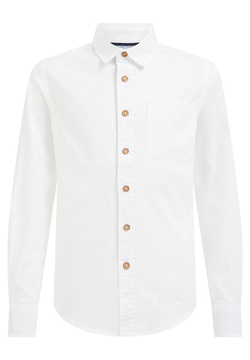 Bílá bavlněná košile s dlouhým rukávem, zapínání na knoflíky, hnědé knoflíky a náprsní kapsa. Klasický límec a rovný lem.