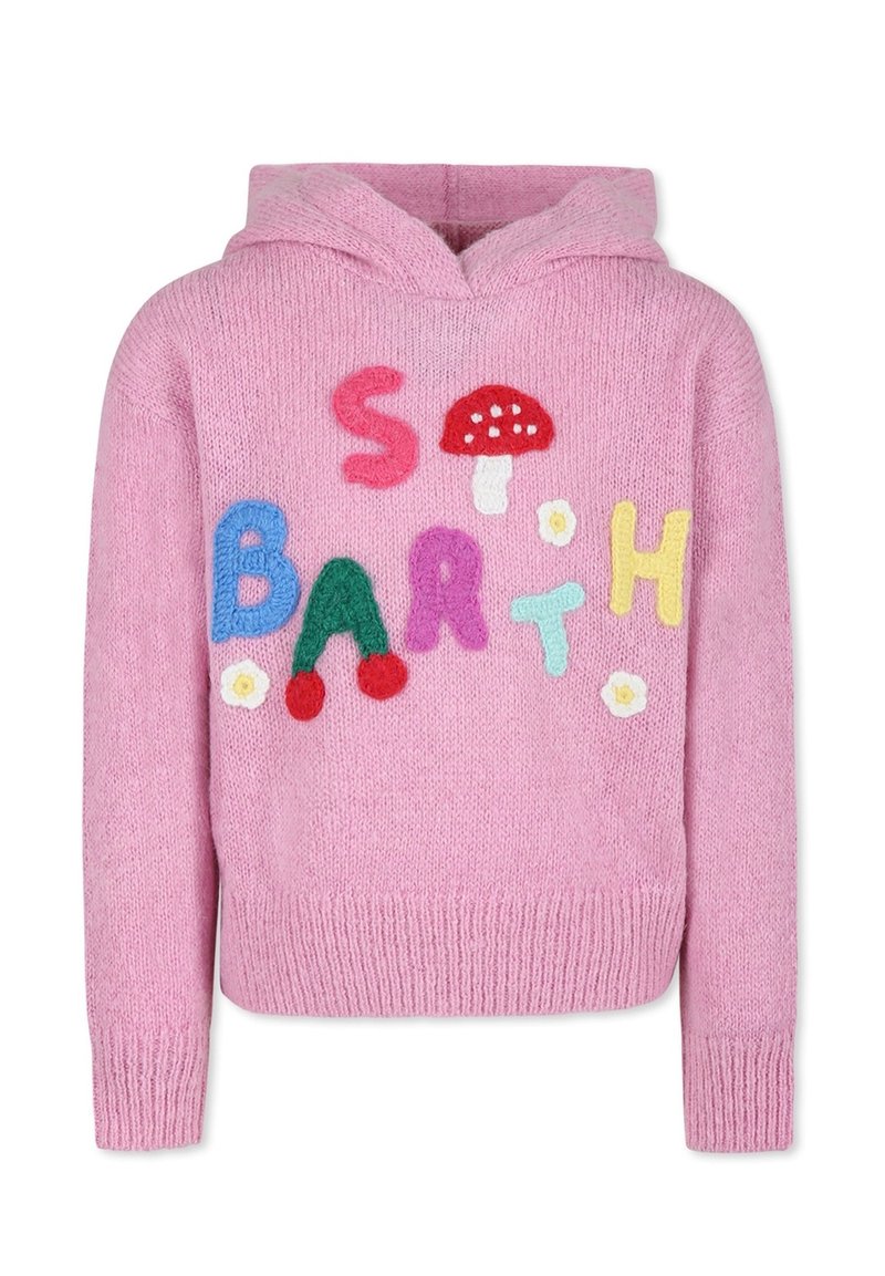 Roze gebreide trui met capuchon, met kleurrijke vilten letters, een paddenstoel, kersen en bloemen geborduurd aan de voorkant.