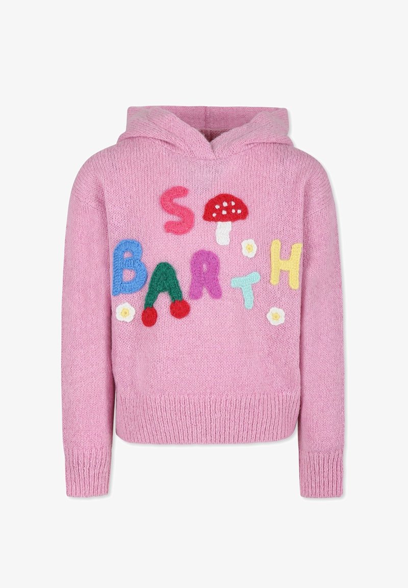 Roze gebreide trui met capuchon, met kleurrijke vilten letters, een paddenstoel, kersen en bloemen geborduurd aan de voorkant.