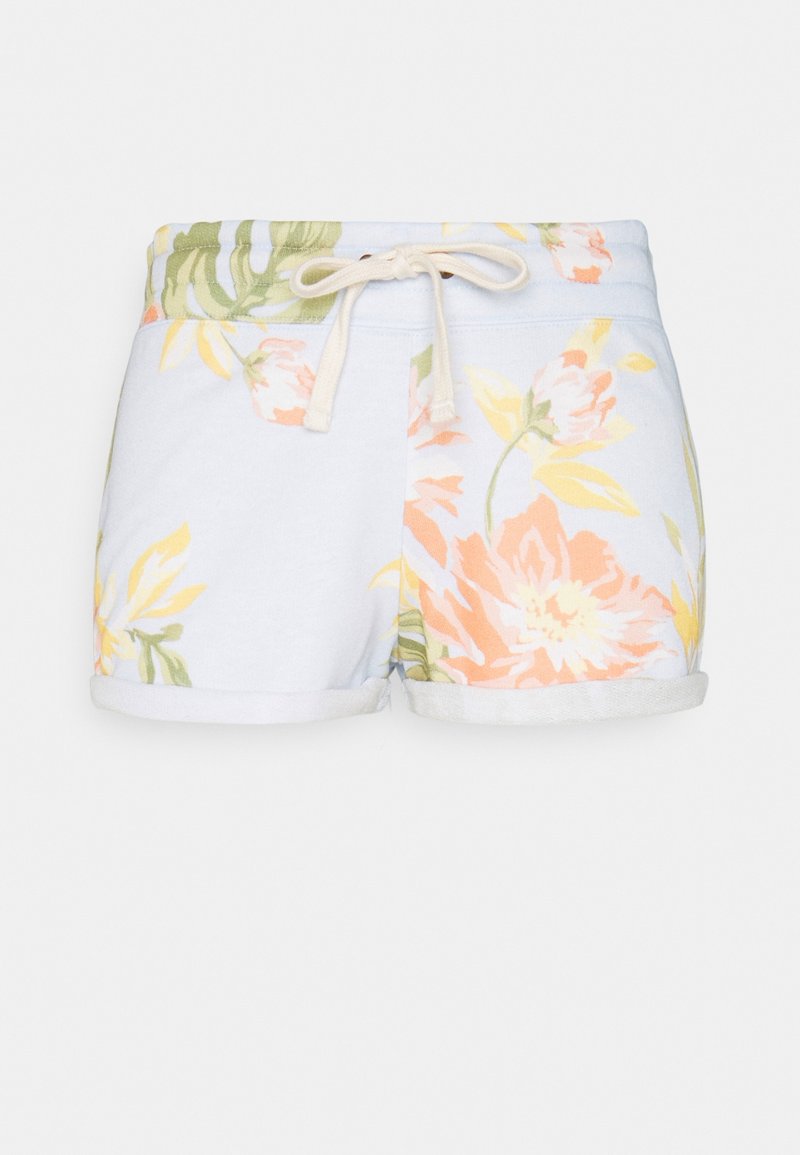 Shorts en coton léger à motif floral bleu clair, avec des ourlets retroussés, une taille élastique avec cordon de serrage et des accents vibrants en jaune, rose et vert.