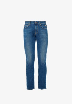 Jeans in denim blu con un design slim fit, stile tradizionale a cinque tasche e chiusura con zip e bottone metallico.