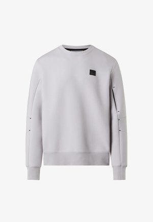 Light gray sweatshirt made of smooth fabric, featuring a round neckline, subtle shoulder cutouts, and a small black logo patch.