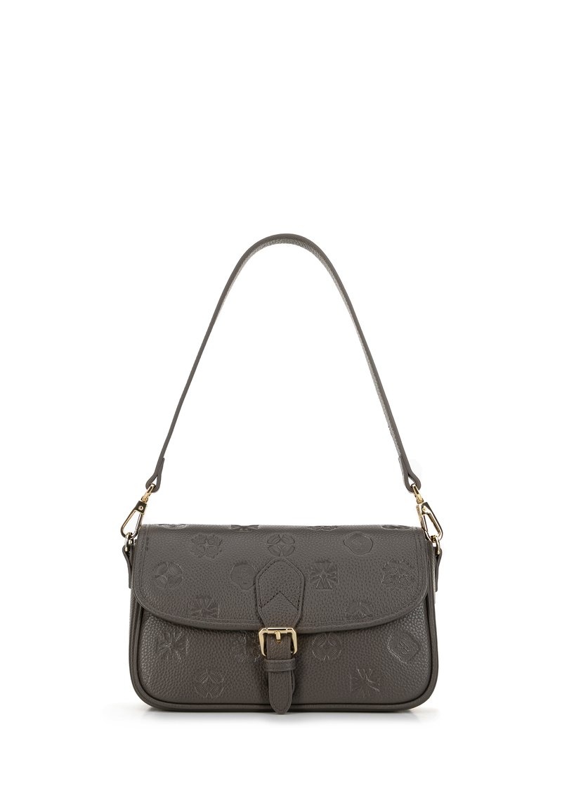 Szara skórzana torebka z wytłoczonym wzorem, prostokątny kształt i płaska klapa. Posiada złote akcesoria i regulowany pasek.