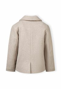 Beige villane coat, millel krae, pikad varrukad ja sirge lõige. Omab selja lõhet ja sujuvat, pehmet tekstuuri.