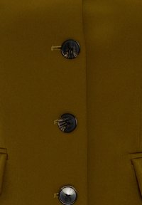 Gros plan sur un manteau vert olive avec trois gros boutons noirs et deux poches fendues sur les côtés.