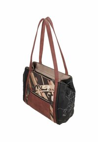 Sac fourre-tout noir et marron avec des motifs graphiques, texture lisse, doubles poignées et une poche avant zippée. Intérieur doublé visible.
