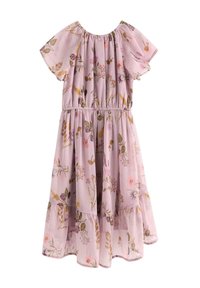 Lila krátké šaty s elastickým pasem a květinovým vzorem v růžových, hnědých a zelených tónech, s volánovou lemem.