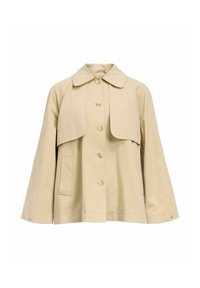 Veste beige à boutons avec col large, détail rabat sur la poitrine, manches longues et deux poches avant.