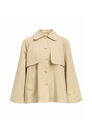 Veste beige à boutons avec col large, détail rabat sur la poitrine, manches longues et deux poches avant.