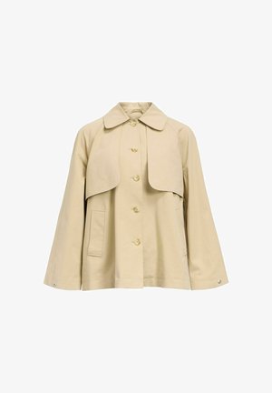 Beige button-up jacket with wide collar, flap detail on chest, long sleeves, and two front pockets.