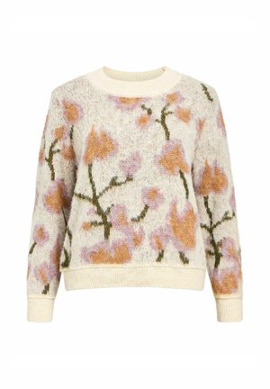Suéter de punto con cuello redondo, base beige, con patrones florales en rosa y naranja, y acentos de hojas verdes; puños y dobladillo acanalados.