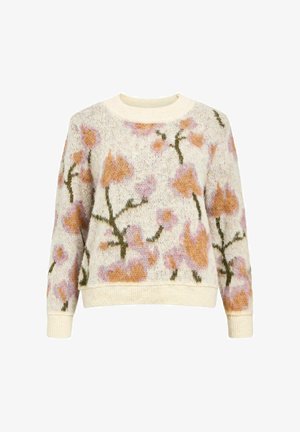 Megzta megztinis su apvalia iškirpte, beige spalvos, su rožiniais ir oranžiniais gėlių raštais bei žalios spalvos lapų akcentais; riboti rankogaliai ir apačia.