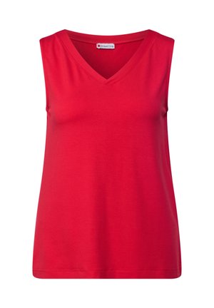 Top senza maniche rosso realizzato in tessuto morbido e leggero. Presenta un design a V e una vestibilità rilassata, con bordi puliti e senza motivi o accenti visibili.