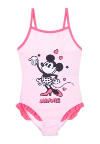 Roze kinderzwempak met witte stippen, verstelbare bandjes en volants. Gedrukt ontwerp van een karakter met hartjes.