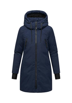 Marineblauer, isolierter Parka mit hohem Kragen, Reißverschluss und zwei Seitentaschen. Verfügt über verstellbare Kordelzüge und schwarze Bündchen. Leichtes Material.