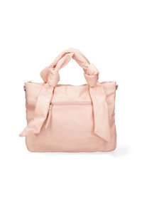 Borsa rosa in pelle sintetica con manici annodati, tasca frontale con zip e una finitura morbida e texturizzata. Progettata con una forma rettangolare.