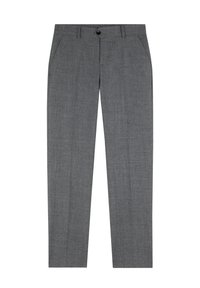 Pantalones gris claro ajustados con un sutil patrón texturizado, bolsillos frontales, cierre de botón y un diseño ajustado, fabricados en una tela ligera.