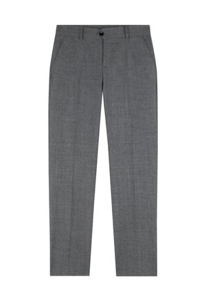 Pantalones gris claro ajustados con un sutil patrón texturizado, bolsillos frontales, cierre de botón y un diseño ajustado, fabricados en una tela ligera.