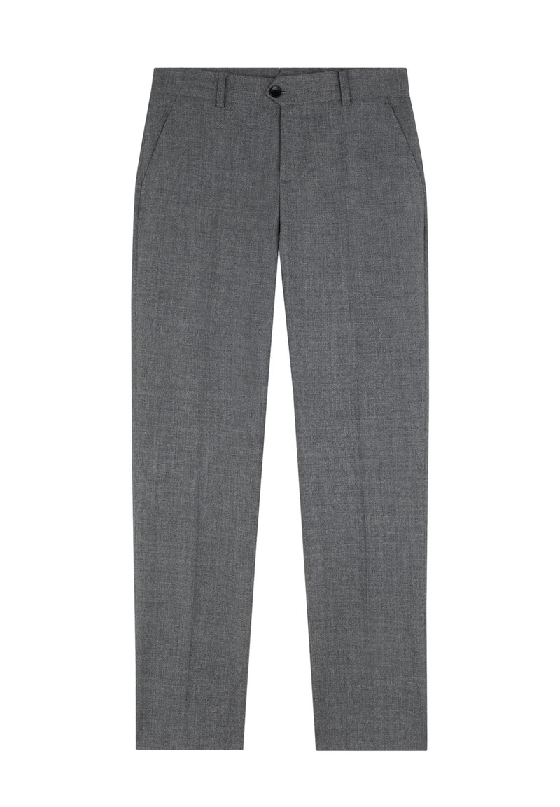 Pantalones gris claro ajustados con un sutil patrón texturizado, bolsillos frontales, cierre de botón y un diseño ajustado, fabricados en una tela ligera.