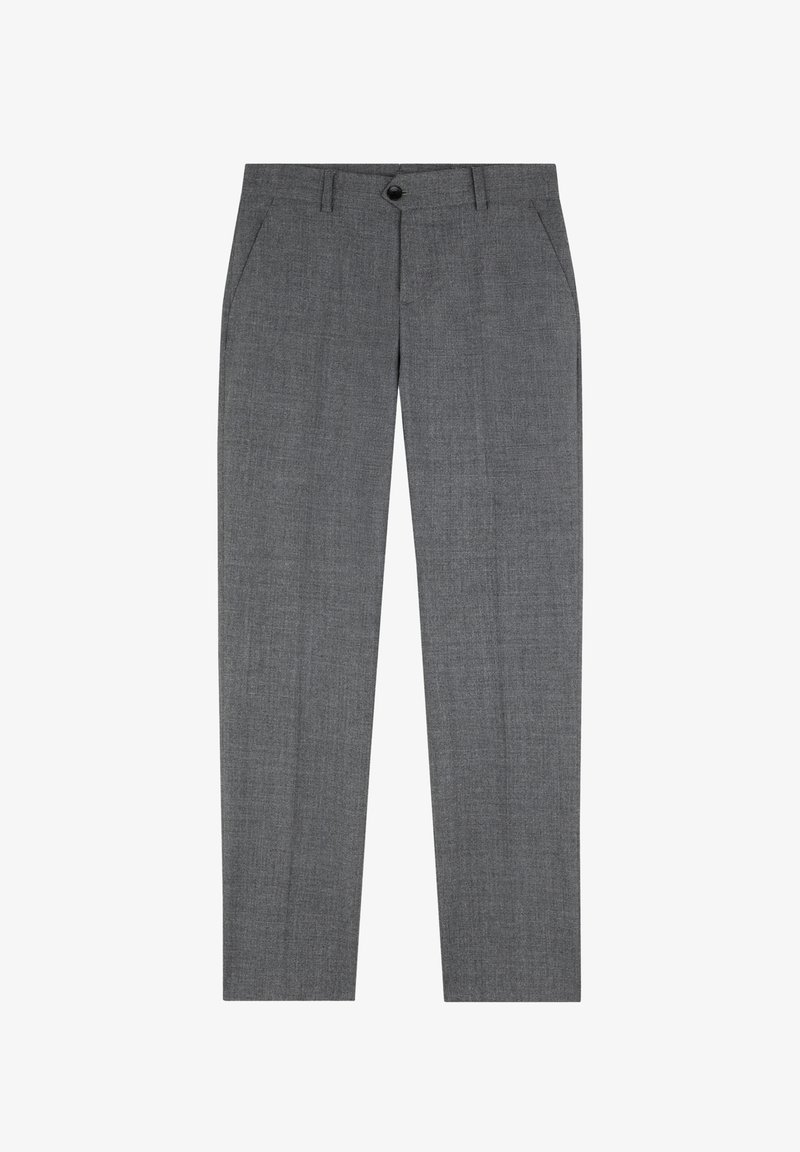 Pantalones gris claro ajustados con un sutil patrón texturizado, bolsillos frontales, cierre de botón y un diseño ajustado, fabricados en una tela ligera.