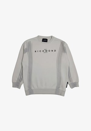 Felpa grigio chiaro con polsini e orlo a costine, con la scritta "John Richmond London" centrata sul petto e dettagli a righe verticali scolorite.