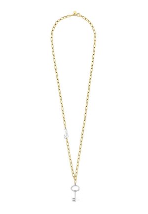 Collier chaîne en or avec un pendentif clé en argent et un petit charm en argent "Good" sur la chaîne.