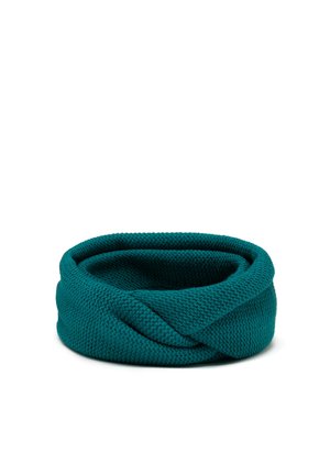 Diadema de punto en color azul verdoso con una textura suave, que presenta un diseño retorcido que añade profundidad. Forma circular sin hardware ni acentos visibles.