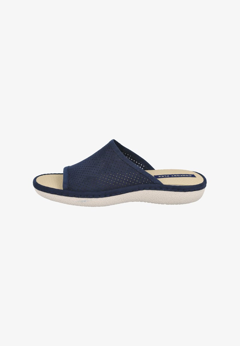Sandalias deslizantes de color azul marino, fabricadas con material perforado, con una suela gruesa y texturizada en beige claro, punta abierta y detalles de costura.