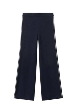 Pantalones anchos azul marino con una textura suave, que cuentan con franjas laterales blancas en contraste y una cintura elástica para mayor comodidad.