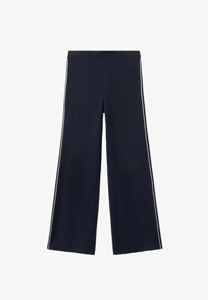 Pantalones anchos azul marino con una textura suave, que cuentan con franjas laterales blancas en contraste y una cintura elástica para mayor comodidad.