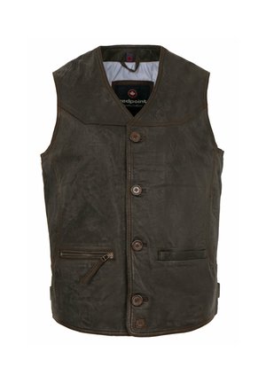 Dunkelbraune Lederweste mit vier Knöpfen, einer Reißverschlusstasche auf der linken Seite und einer Schlitztasche auf der rechten Vorderseite.