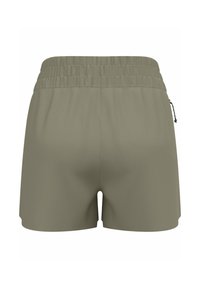 Khakifarbene Sportshorts mit elastischem Bund, Kordelzugdetails und einem strukturierten Stoff. Sie verfügen über ein einfaches Design ohne Taschen.