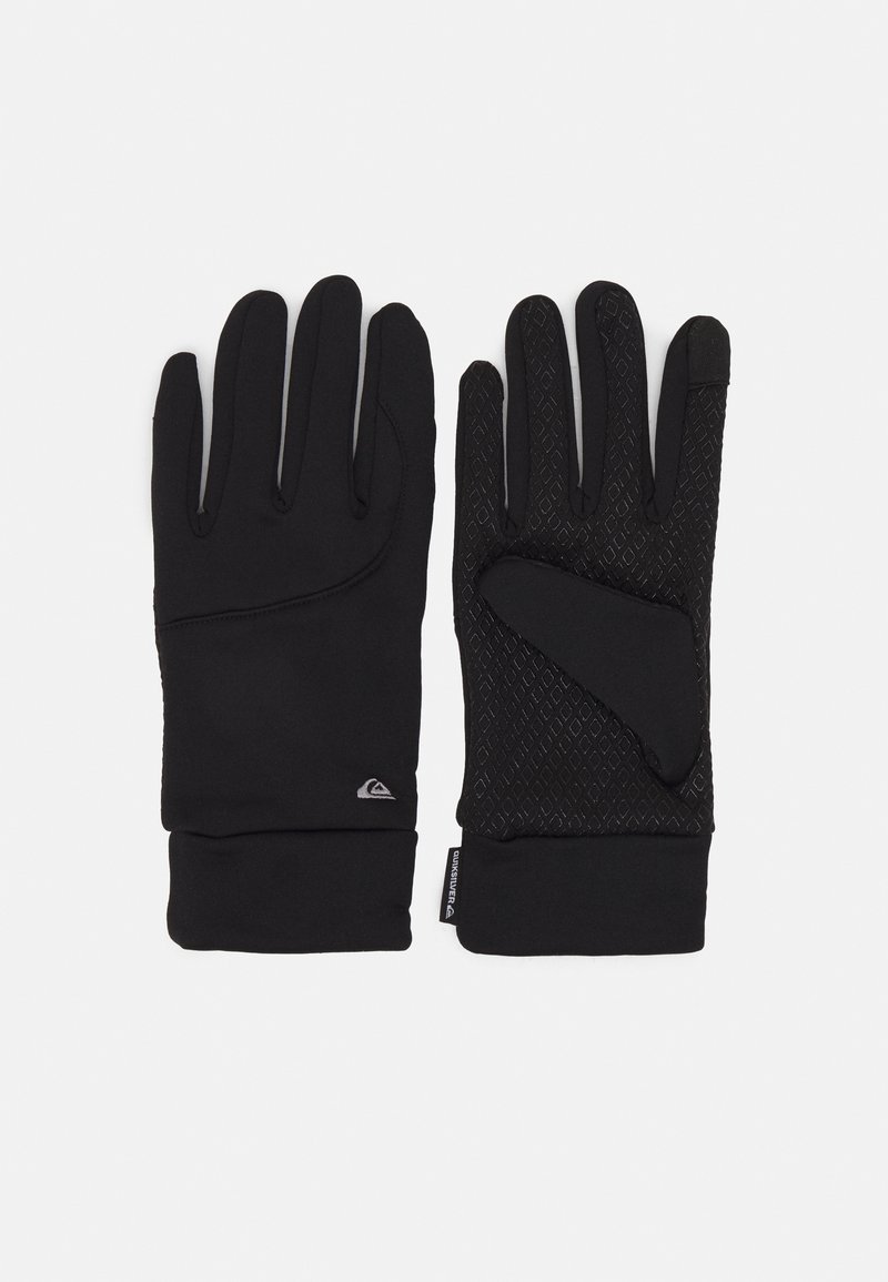 Black gloves made of stretchy material with a textured grip pattern on the palm, featuring a fitted cuff for warmth.