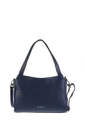 Borsa a tracolla in pelle blu navy con finitura testurizzata, manico superiore singolo e tracolla regolabile. Presenta una chiusura con zip e un branding sottile.
