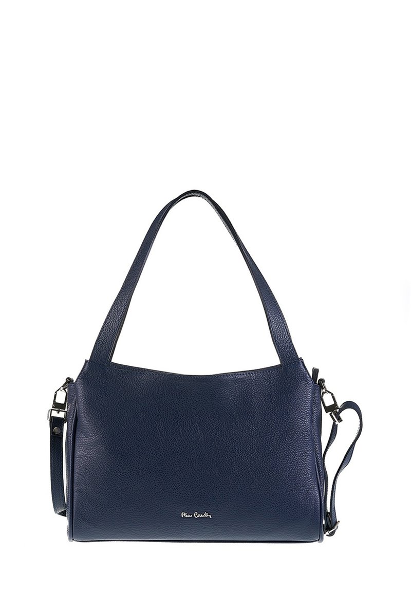 Navy leren handtas met een gestructureerde afwerking, enkele bovenhandgreep en een verstelbare schouderriem. Voorzien van een ritsluiting en subtiele branding.