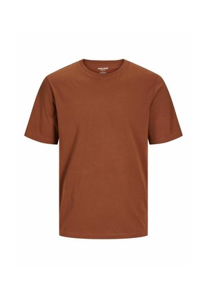 Brown cotton t-shirt with a crew neckline and short sleeves. Simple design with a smooth texture and no visible patterns or accents.