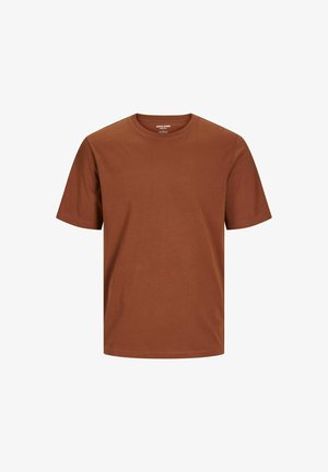 Rudas medvilninis marškinėliai su apykakle ir trumpomis rankovėmis. Paprastas dizainas, lygi tekstūra, be matomų raštų ar akcentų.