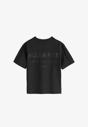 Zwart T-shirt met korte mouwen en geribbelde kraag, met "ALLSAINTS", Japanse tekens en "LONDON" gedrukt op de achterkant.