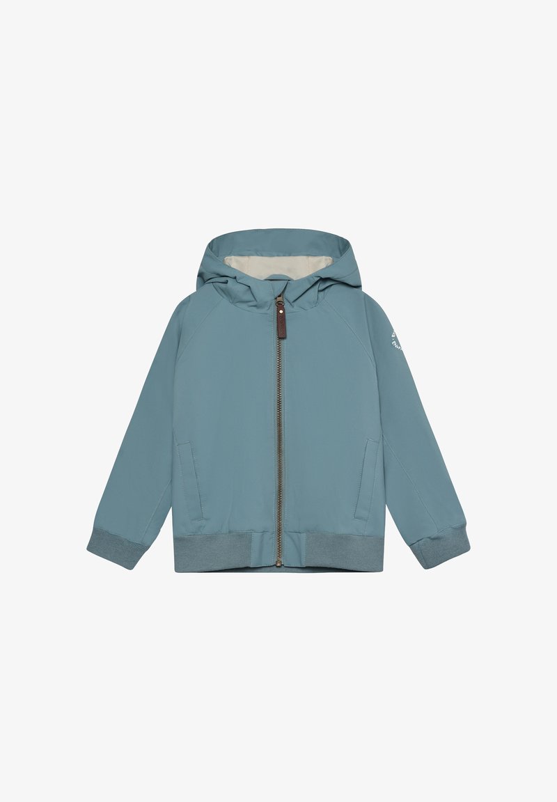 Hellblauer Kapuzenjacke mit einem vorderen Reißverschluss, elastischen Bündchen und Saum. Verfügt über Seitentaschen und ein cremefarbenes Innenfutter.