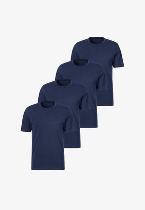 Ensemble de quatre t-shirts à col rond bleu marine. Manches courtes, en tissu de coton, texture lisse, sans motifs ni accents visibles.