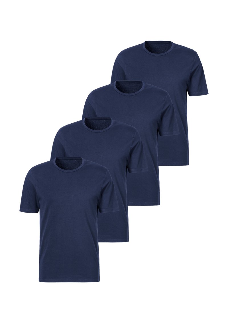 Zestaw czterech granatowych t-shirtów z okrągłym dekoltem. Krótkie rękawy, wykonane z bawełnianej tkaniny, gładka tekstura, bez widocznych wzorów lub akcentów.