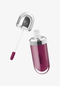 Glossy deep mauve lip gloss tube with silver cap and applicator wand, brand name KIKO MILANO visible on the bottle.