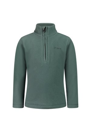 Pull polaire vert à manches longues, demi-fermeture éclair devant, col montant et petit logo de la marque sur la poitrine.