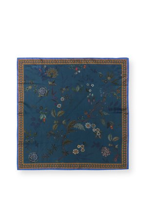 Blauwe vierkante sjaal met oranje en blauwe geweven rand, versierd met kleine gedetailleerde bloem- en bladtakjes over de stof.