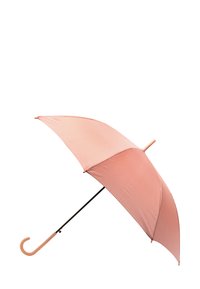 Różowy parasol z gładkim materiałowym daszkiem i zakrzywioną rączką. Czarno-metalowa konstrukcja z miedzianymi akcentami. Kompaktowy i lekki design.