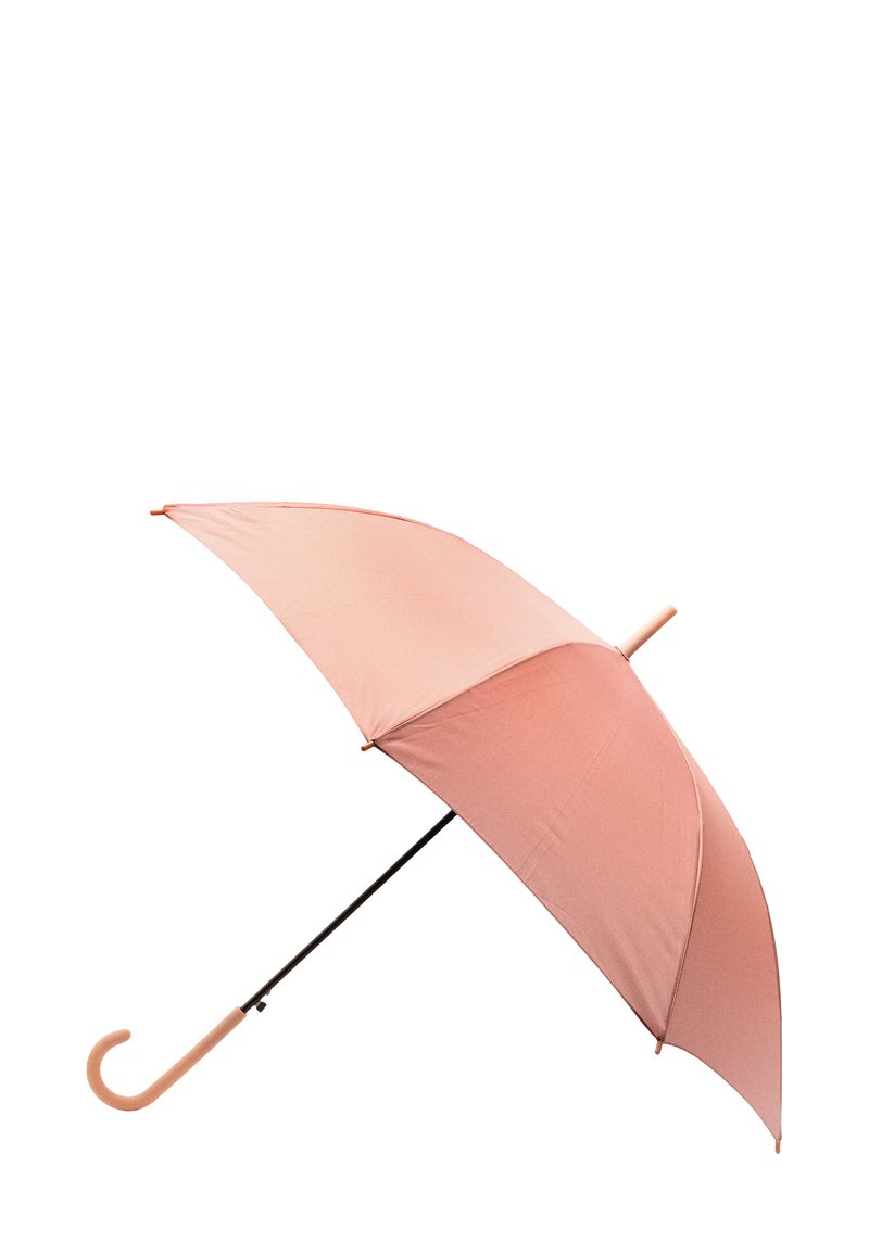 Różowy parasol z gładkim materiałowym daszkiem i zakrzywioną rączką. Czarno-metalowa konstrukcja z miedzianymi akcentami. Kompaktowy i lekki design.