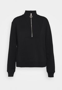 Svart sweatshirt med hög krage och halvdragkedja. Den har en fyrkantig okdesign och ribbade ärmar med ett mjukt, texturerat tyg.