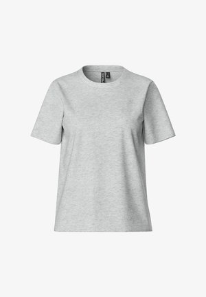 Svijetlosiva majica napravljena od mekog materijala. Ima okrugli izrez i kratke rukave. Jednostavan dizajn bez dodatnih uzoraka ili grafike.